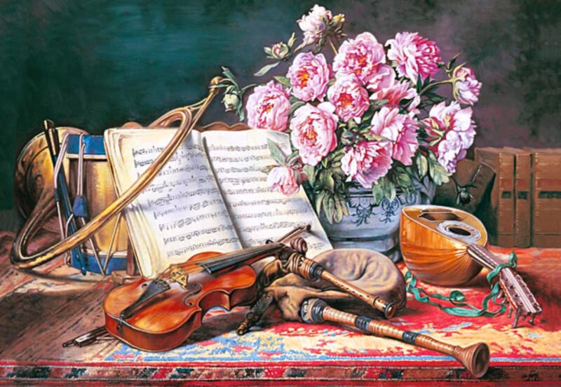 Musical Instruments and Flowers — Red