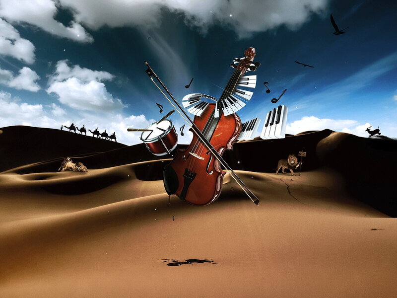 Musical Instruments in Desert — Brown, Dreamlike