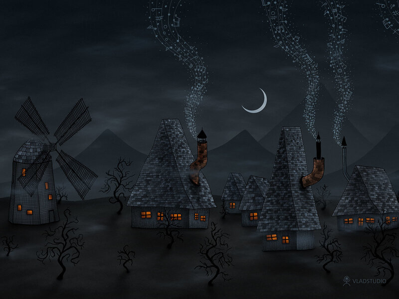 Musical village at night