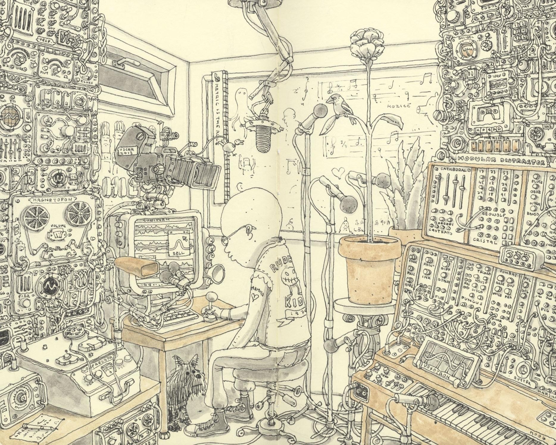 musician in a cluttered studio
