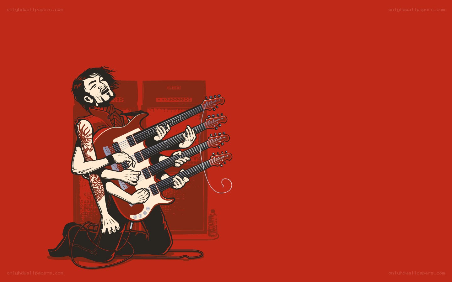 musician playing multiple guitars