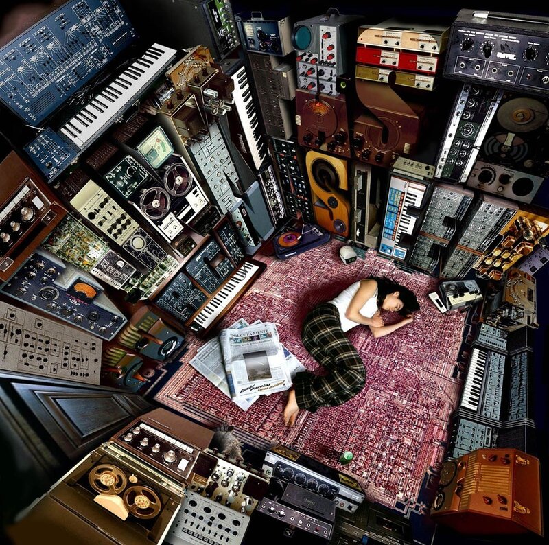 Musician surrounded by equipment