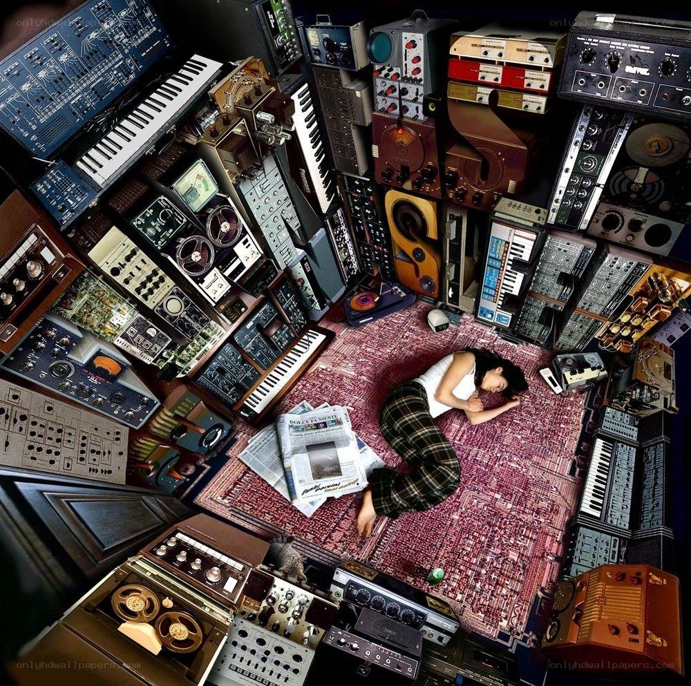 Musician surrounded by equipment
