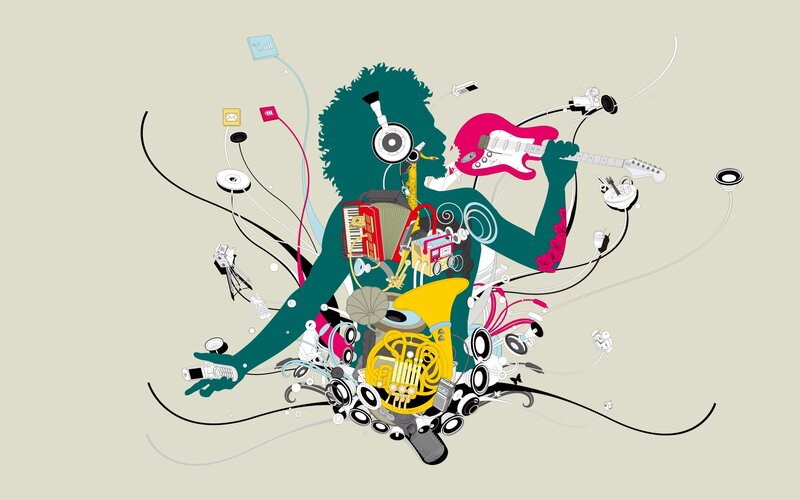 Musician with instruments collage