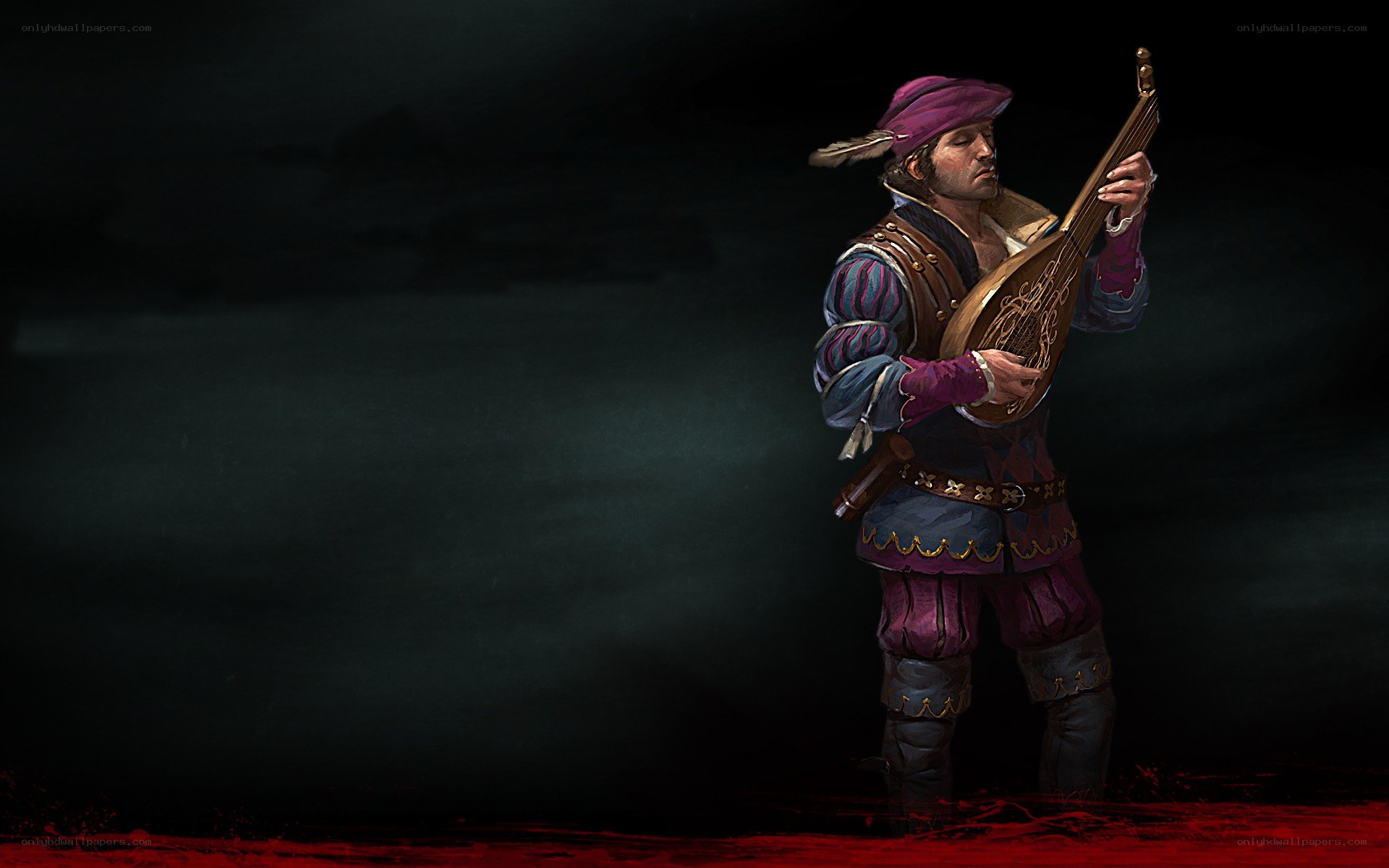 Musician with lute in dark setting
