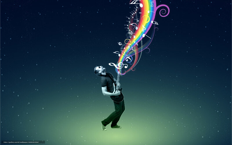 Musician with rainbow notes