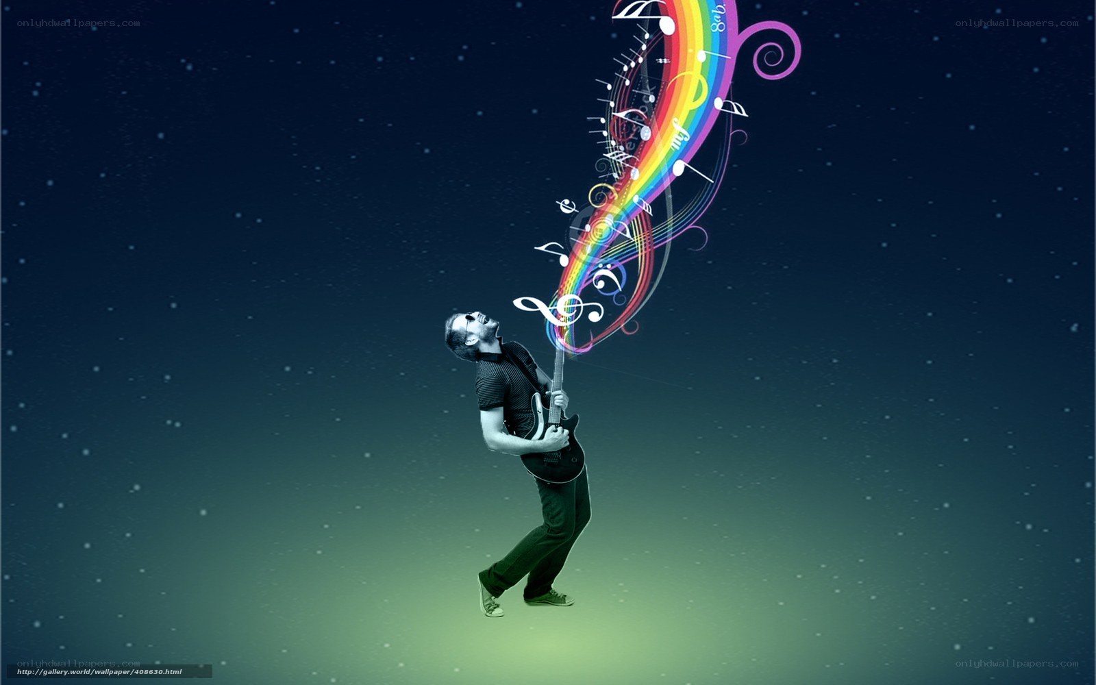 Musician with rainbow notes
