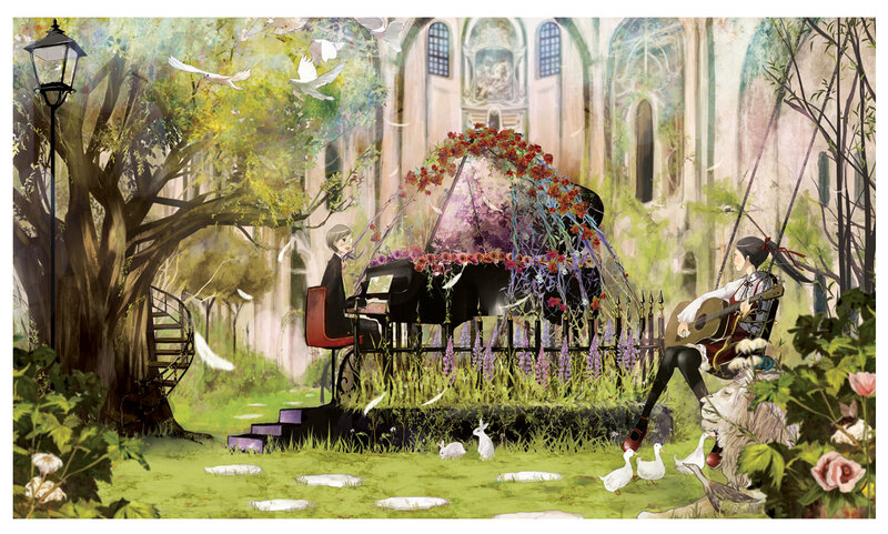 Musicians in a garden with piano