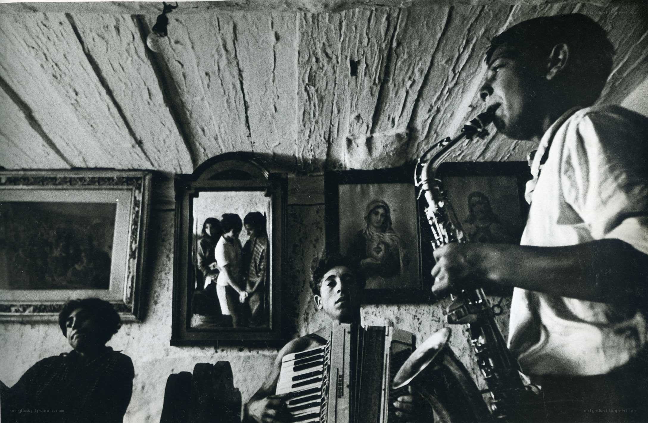 Musicians in a rustic room