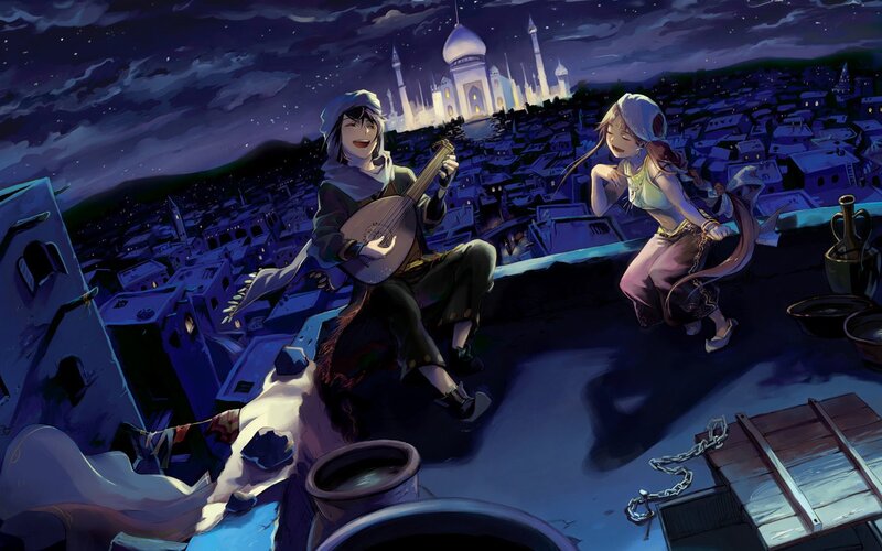 Musicians on a rooftop at night