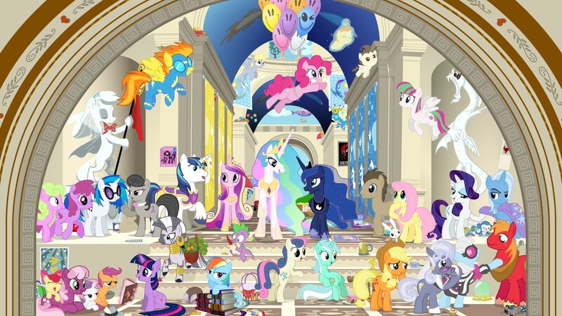 My Little Pony characters in a hall