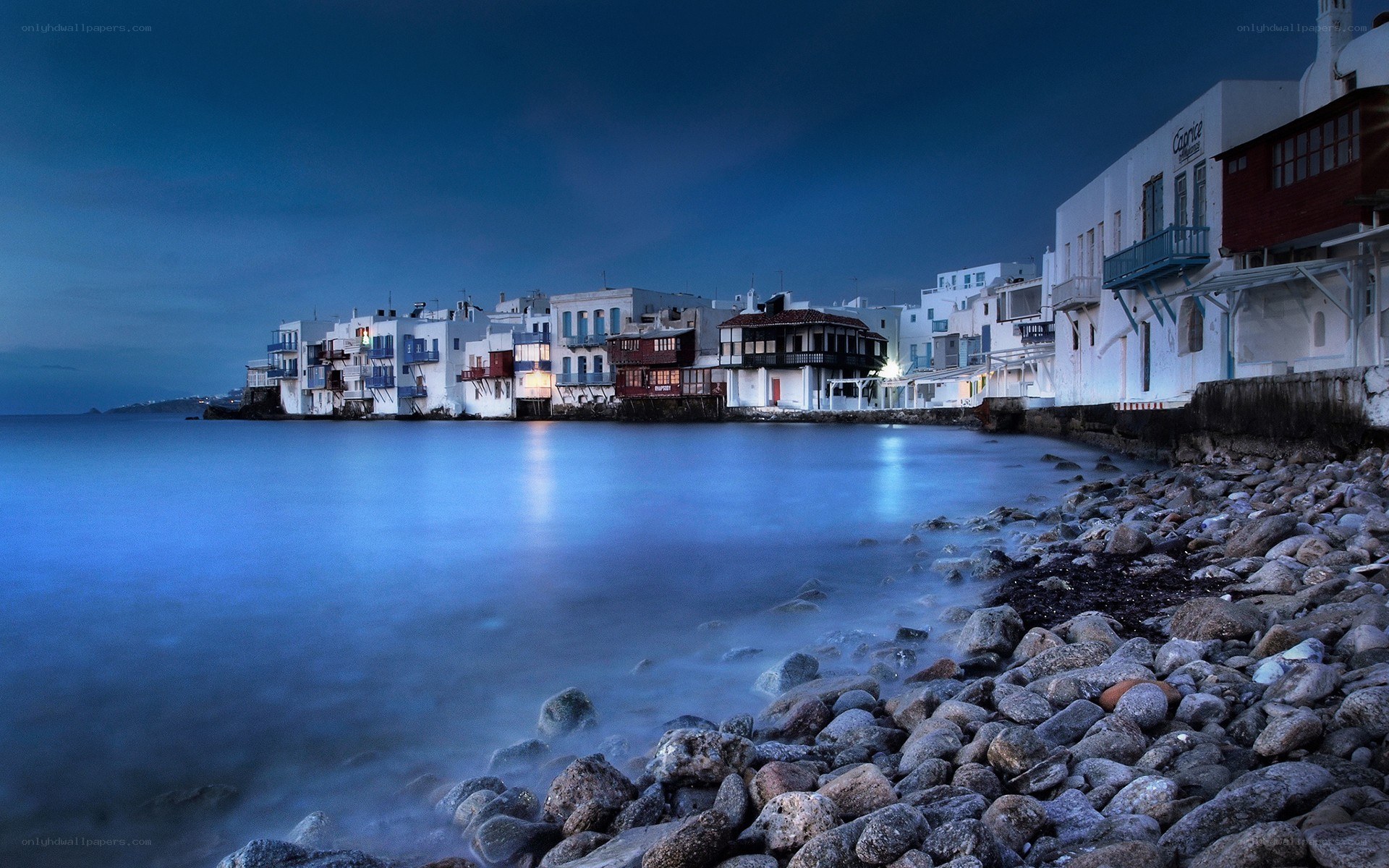 Mykonos harbor at dusk