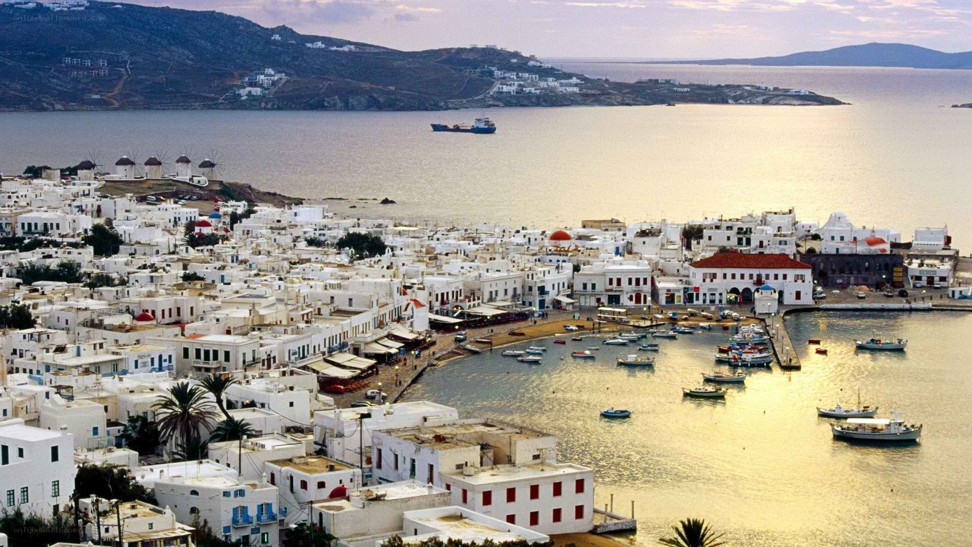 Mykonos harbor at sunset