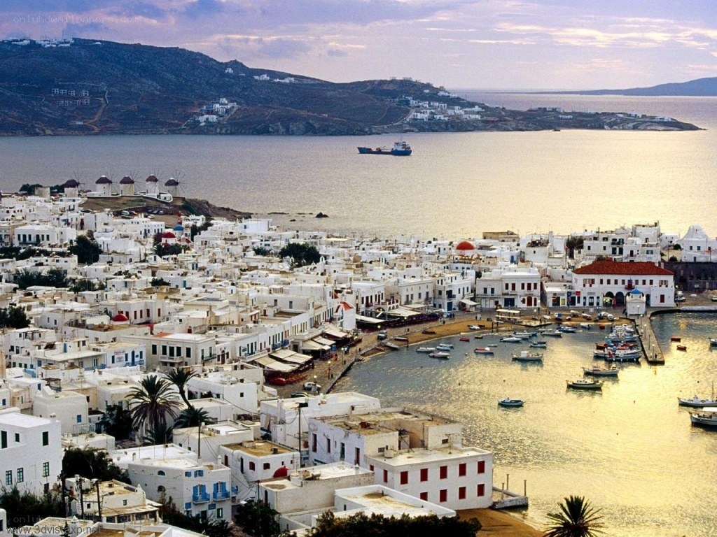 Mykonos harbor at sunset