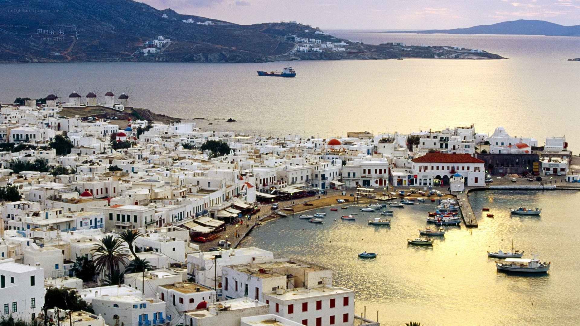 Mykonos harbor at sunset