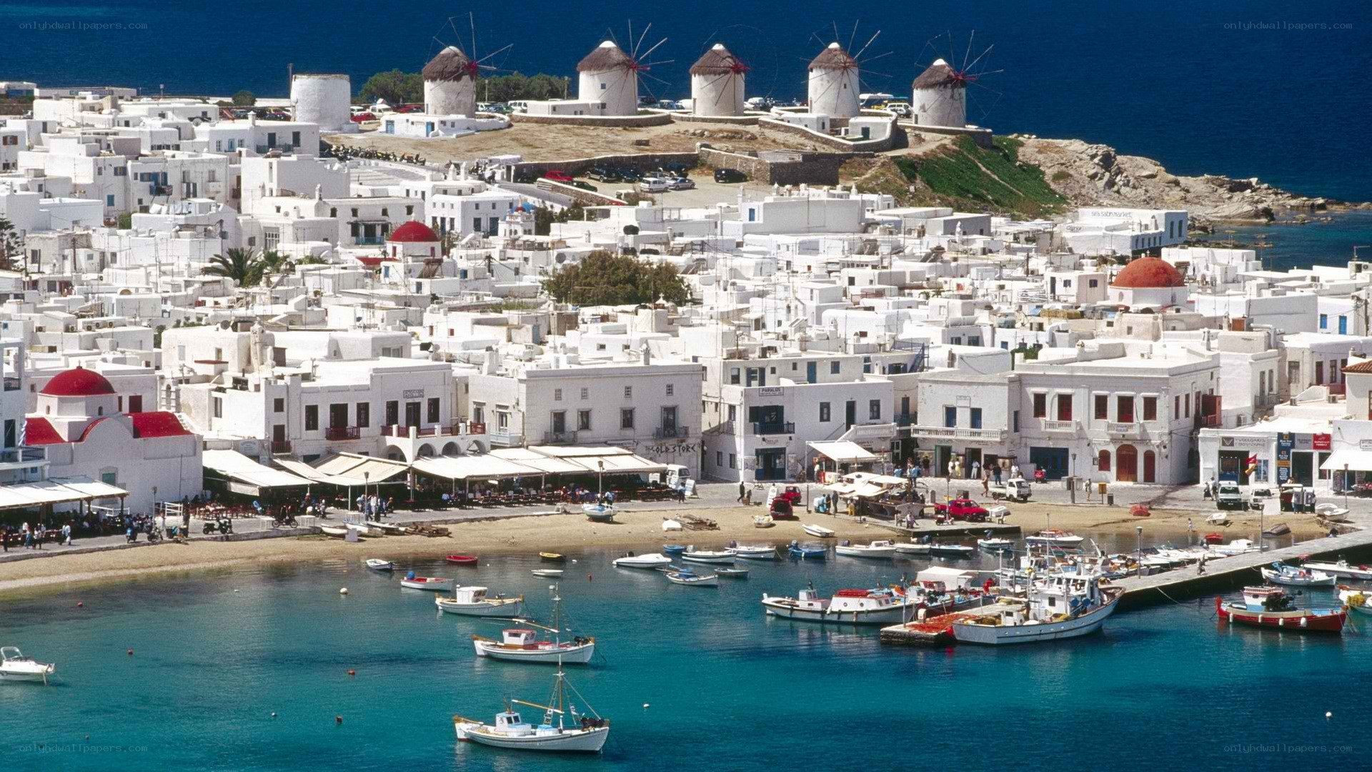 Mykonos harbor with windmills