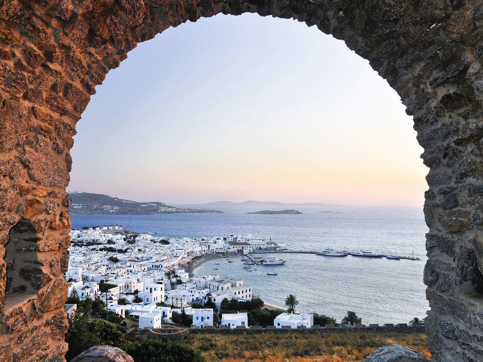 Mykonos town view from arch