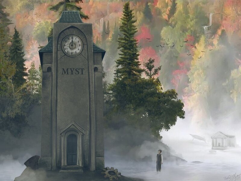 Myst clock tower in misty forest