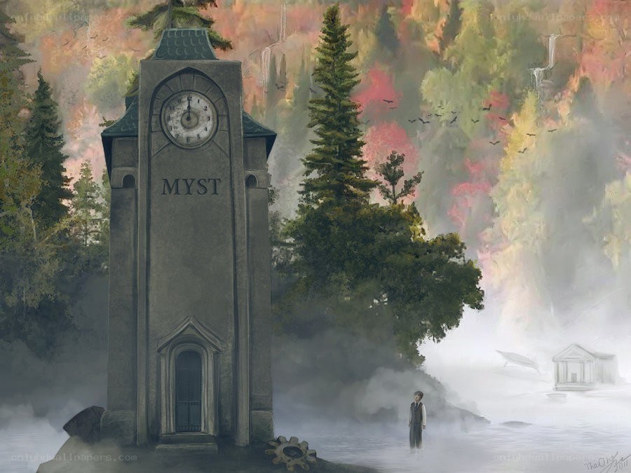 Myst clock tower in misty forest