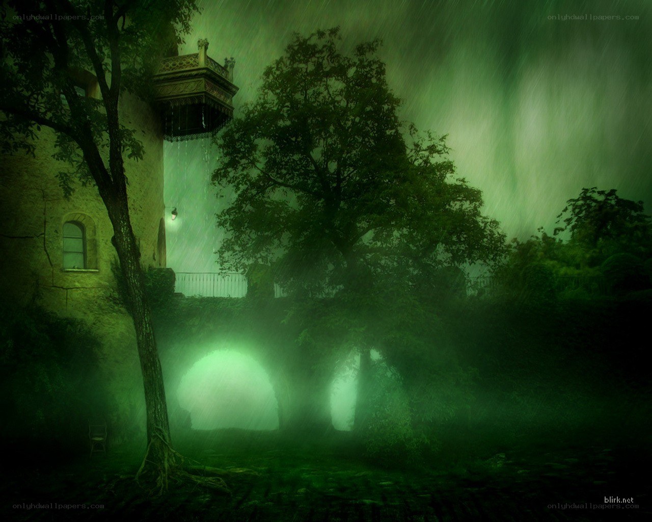 mysterious green castle at night