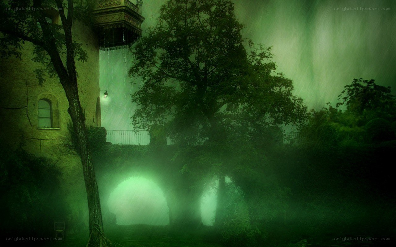 mysterious green-lit courtyard
