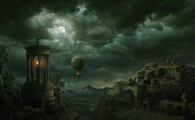 Mysterious hot air balloon at night