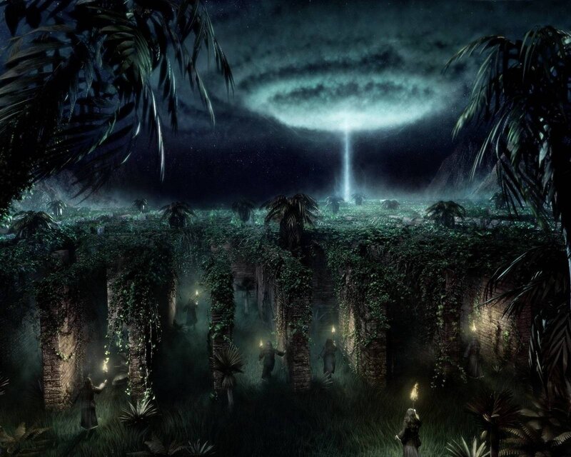mysterious jungle ruins at night