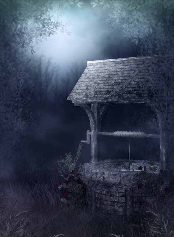 mysterious well in foggy woods