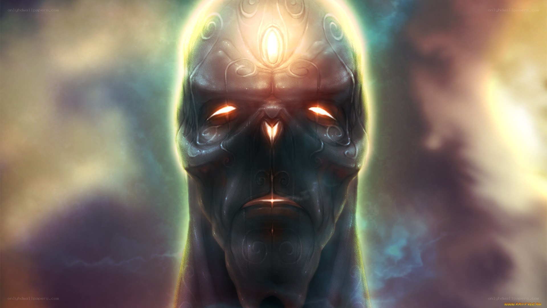 mystical alien face with glowing eyes