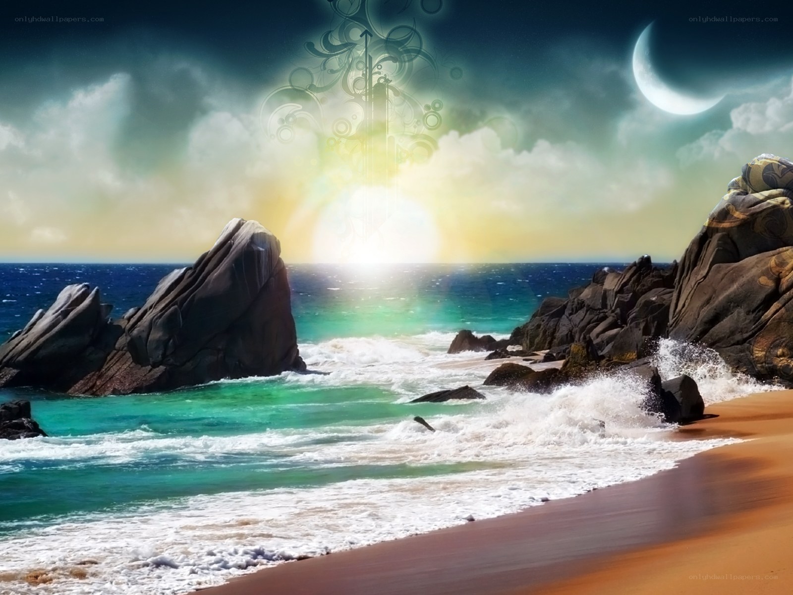 Mystical beach at sunset