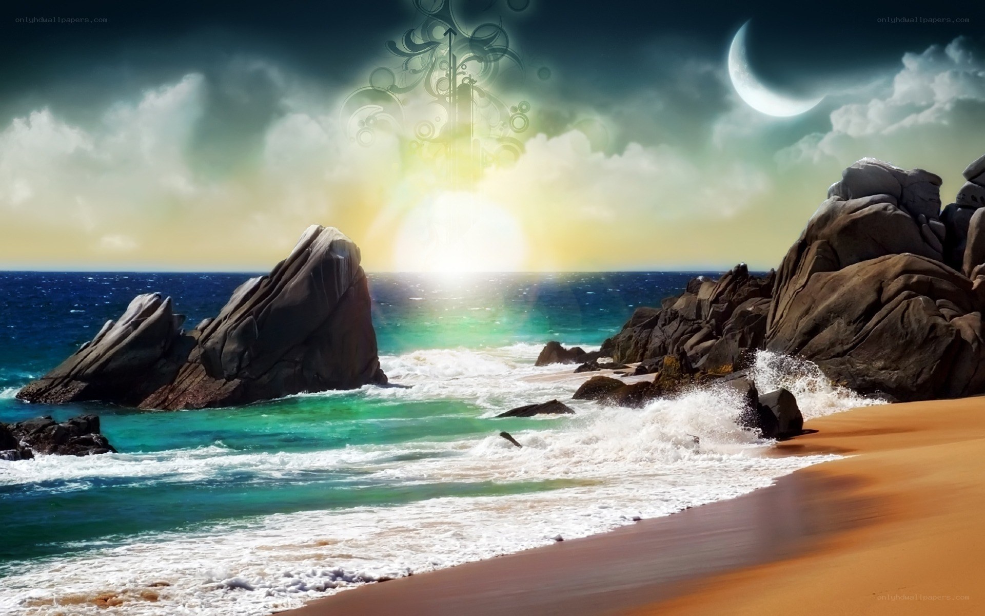 Mystical beach at sunset