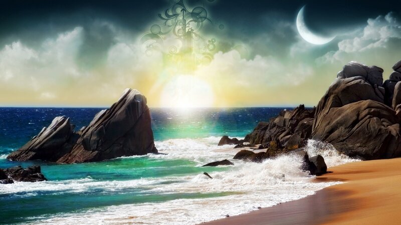 mystical beach at sunset