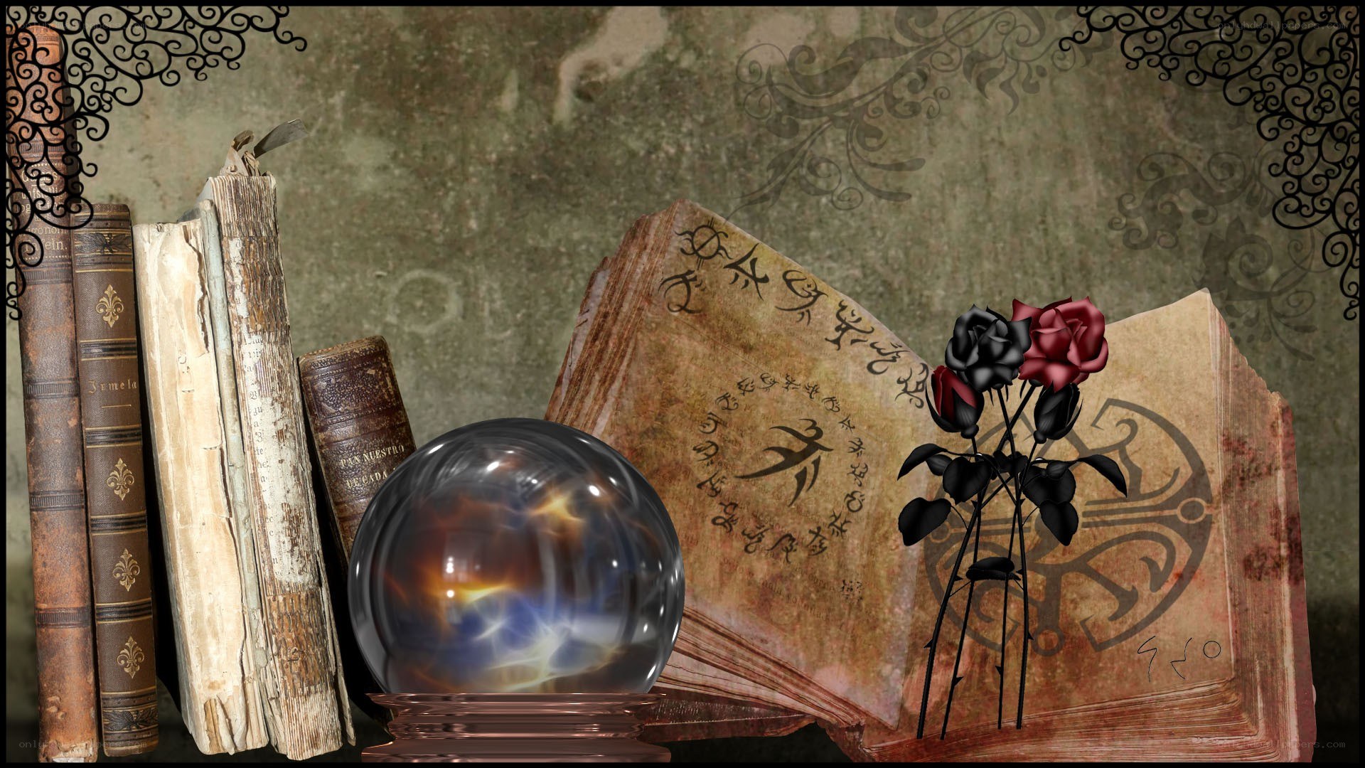 mystical book and crystal ball