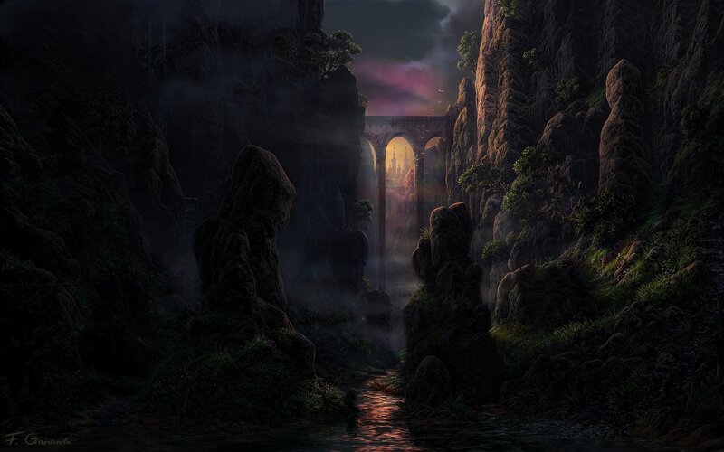 mystical canyon with ancient bridge