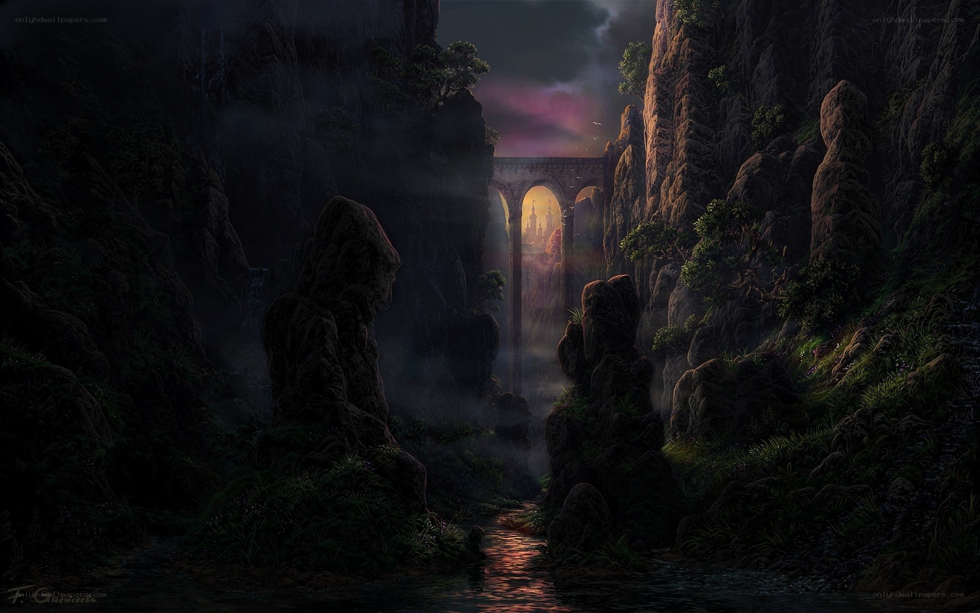 mystical canyon with ancient bridge