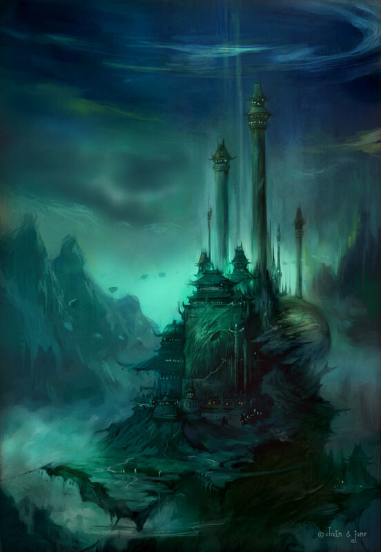 Mystical castle in misty mountains