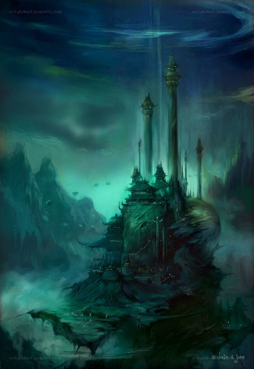 Mystical castle in misty mountains