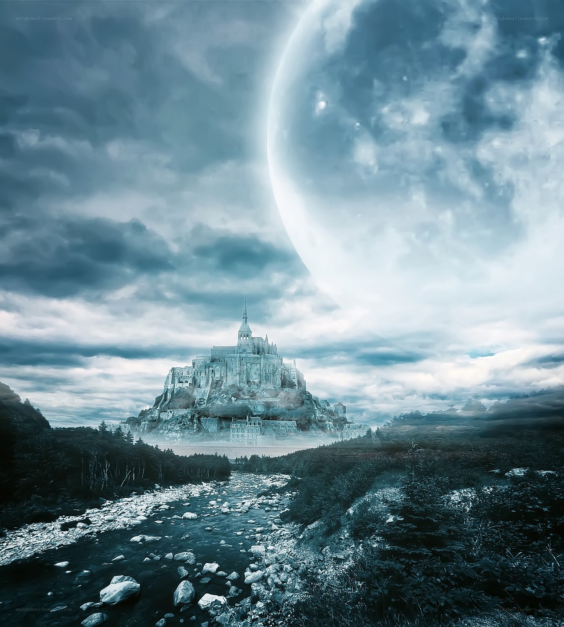 Mystical castle under giant moon