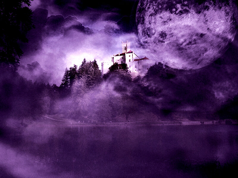 Mystical castle under purple moon
