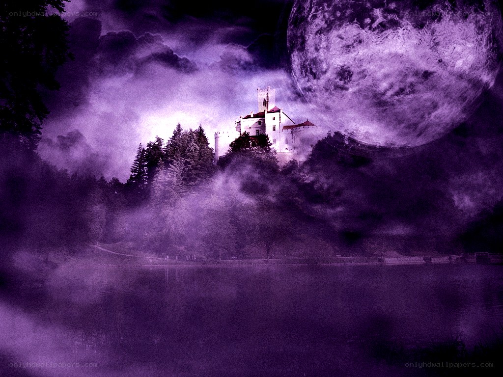 Mystical castle under purple moon