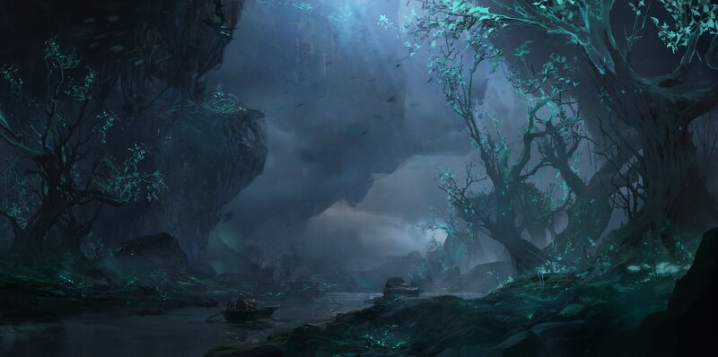 mystical cave river scene