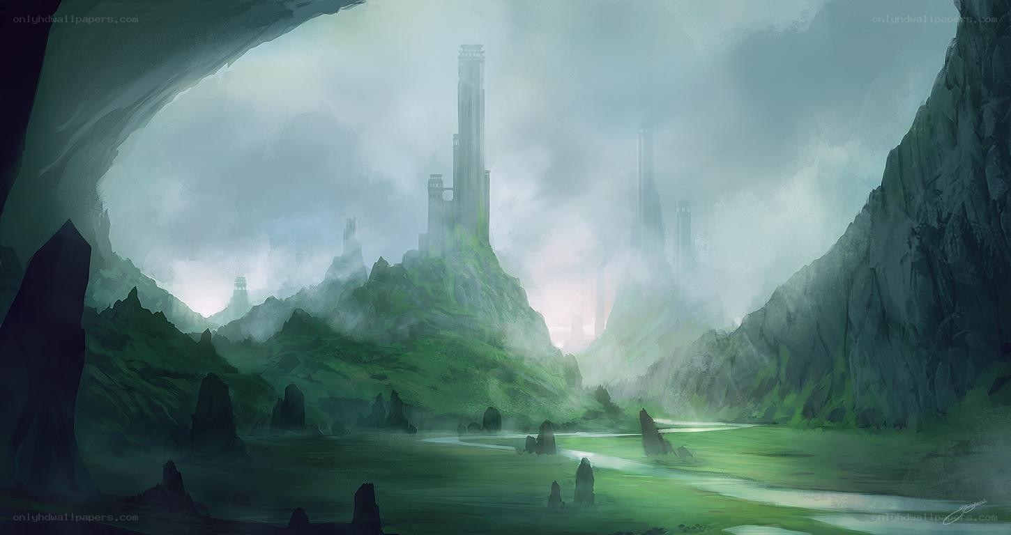 mystical cave with ancient towers