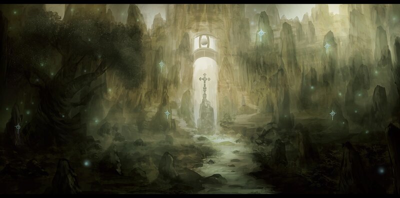 mystical cave with glowing symbols