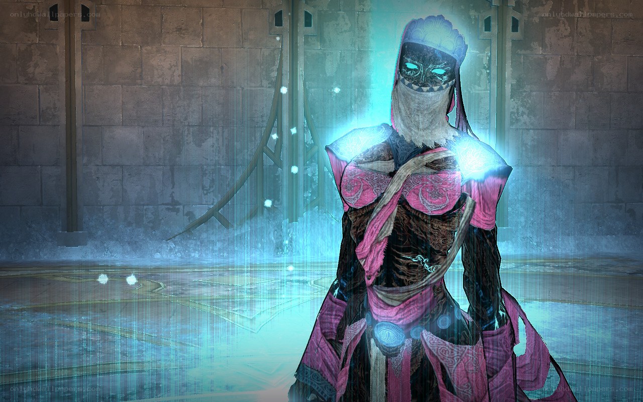 mystical character in glowing chamber