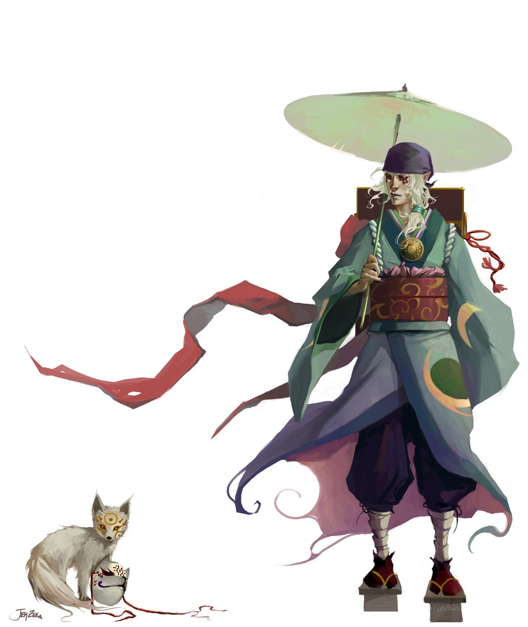 mystical character with fox companion