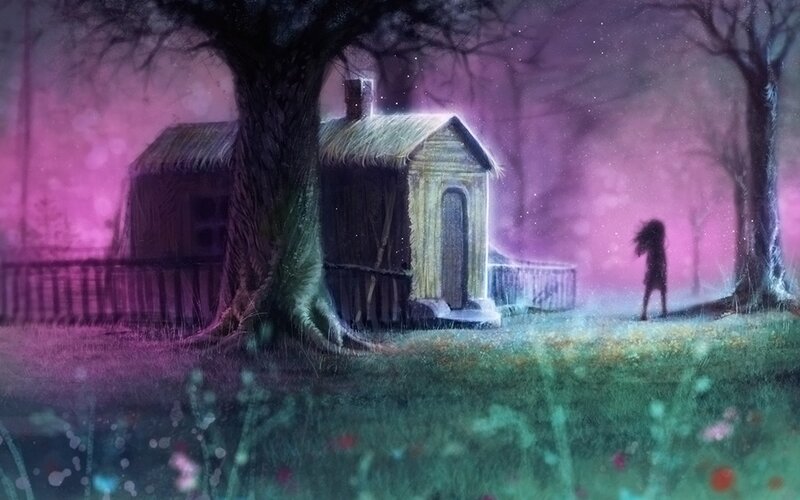 mystical cottage at night