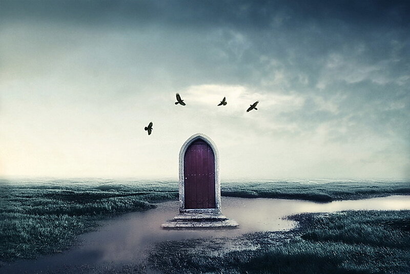 mystical door in a misty field