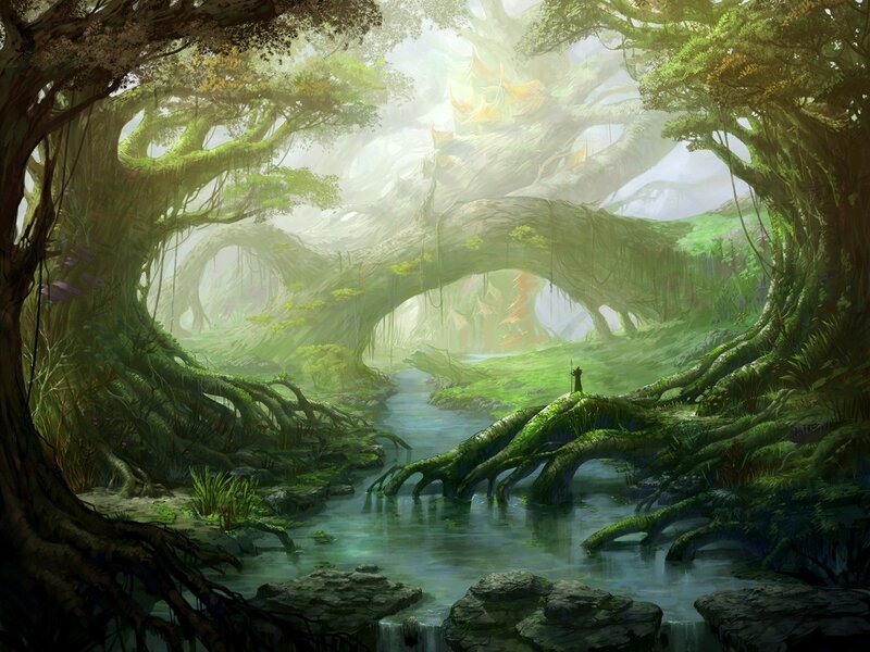 Mystical forest river scene