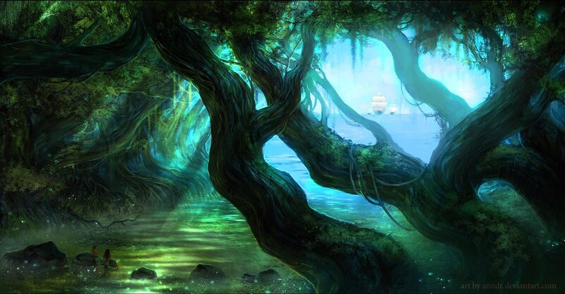 Mystical forest river scene