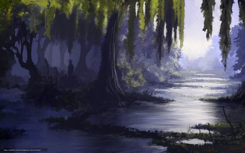 Mystical forest river scene